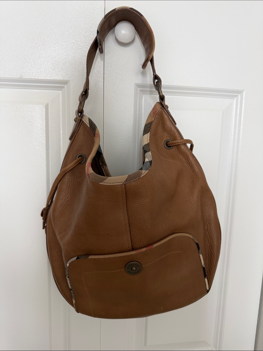 Burberry Brown Leather Shoulder Hobo Bag with Check Trim